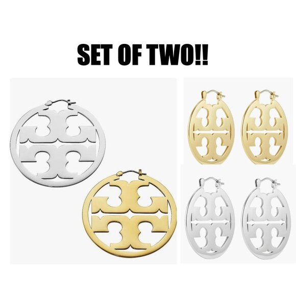 SET OF TWO!!!  Tory Burch Miller Logo Cutout Gold & SILVER Tone Hoop Earrings - Picture 1 of 9